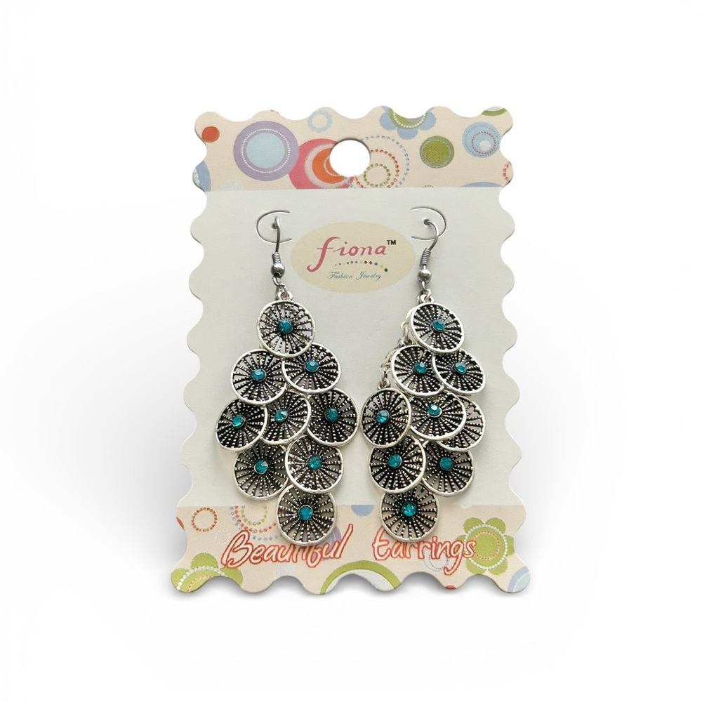 NWT Fiona Silver Tone Blue Rhinestone Chandelier Earrings Boho Statement